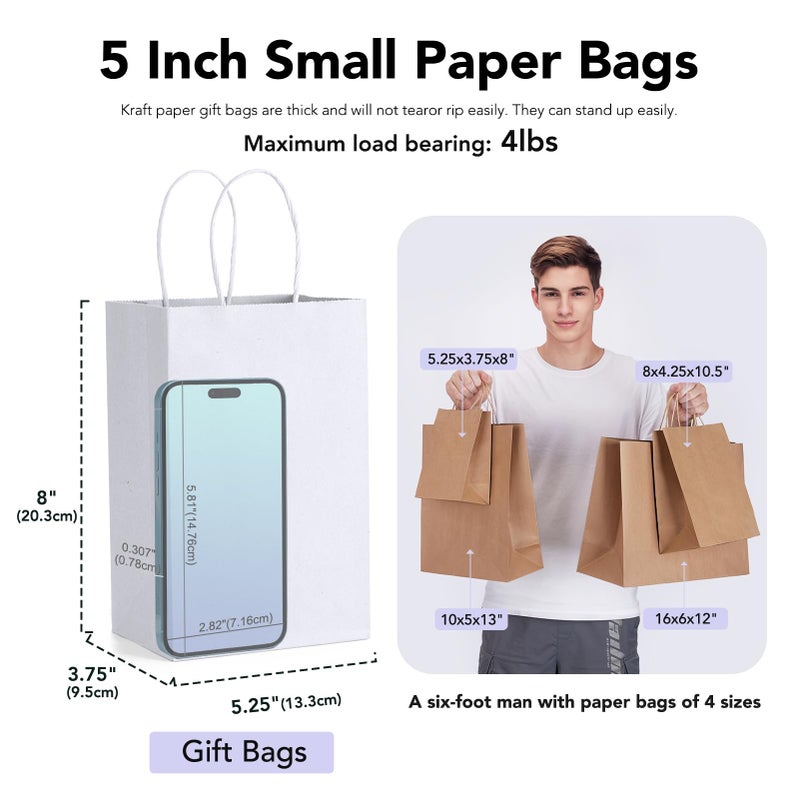 GSSUSA 100Pcs White Paper Bags  5.25x3.75x8 Small Gift Bags  Paper Bags with Handles Bulk  Bags for Small Business  Sturdy Kraft Paper Bags  Retail Shopping Bags  Party Favor Bags  Birthday Gift Bags - Image 2